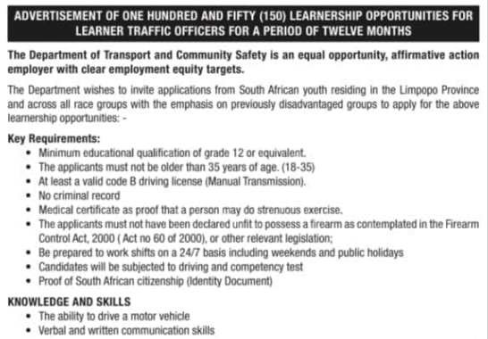 Traffic Officer Learnership Requirements