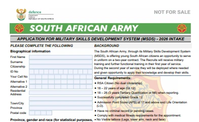 SA ARMY Application Forms 2026 Intake