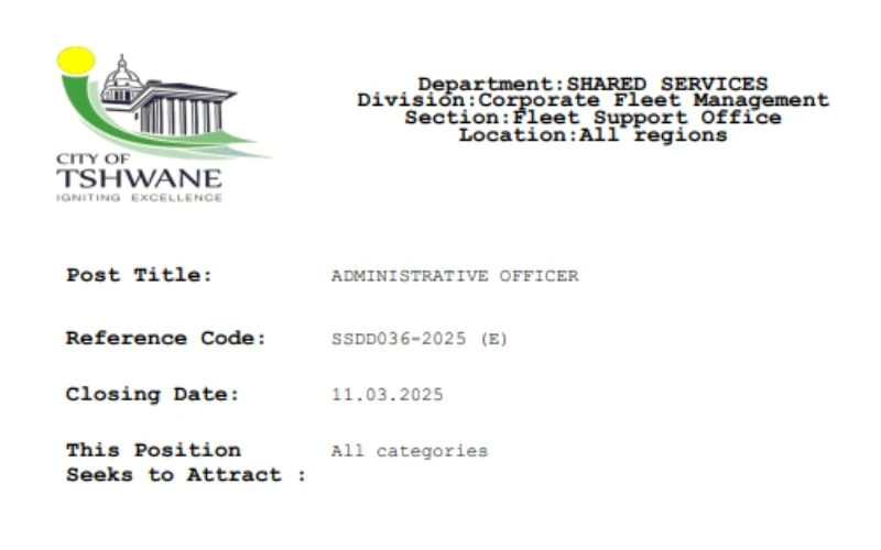 City of Tshwane Administrative Officer Job: Apply with Matric