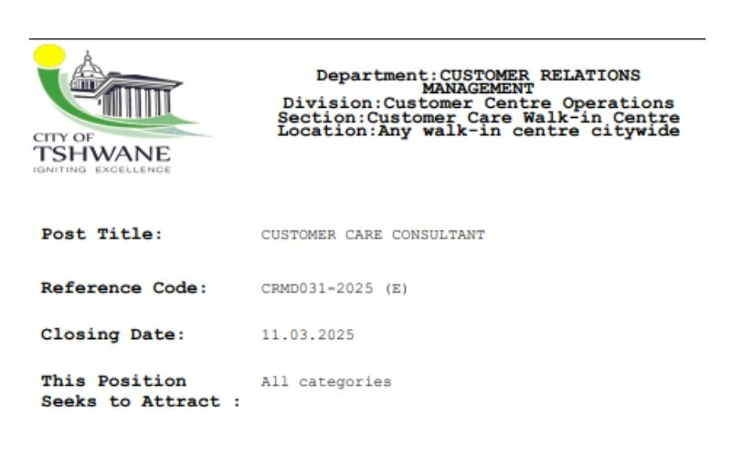 City of Tshwane Customer Care Consultant Job: Apply with Matric