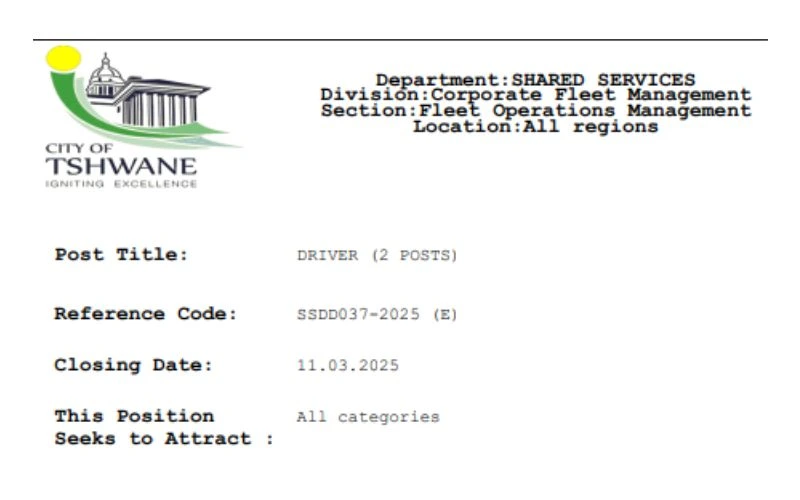 City of Tshwane Driver Jobs x2 Posts: Apply with Grade 12