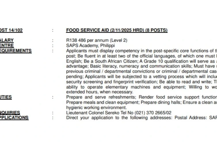 SAPS Food Service Vacancies 2025: How to Apply